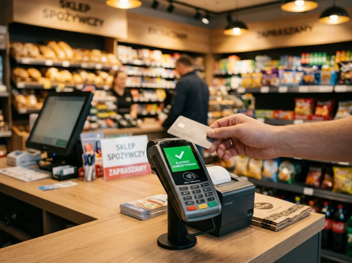 Terminal płatniczy w polskim sklepie z widocznym ekranem akceptacji kart Mastercard i Visa